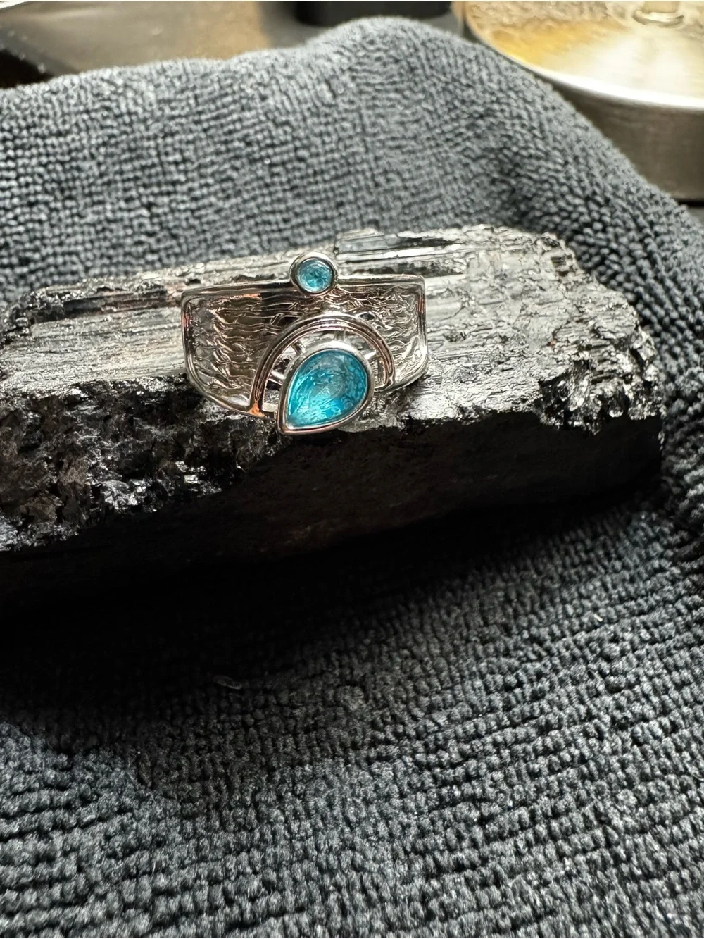 Vintage Artisan Sterling Silver Textured Wide Band Blue Topaz Teardrop Ring